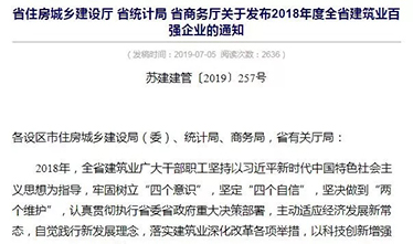 乐投网页版获得2018年度江苏省建筑业百强，凝心聚力，再创佳绩